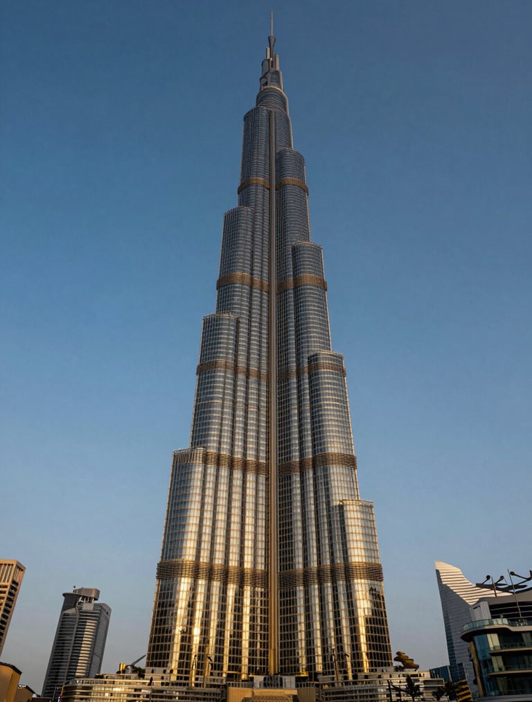 Low-angle premium architectural photography of the Burj Khalifa during golden hour twilight, deep navy and gold tones, sharp focus, 35mm lens