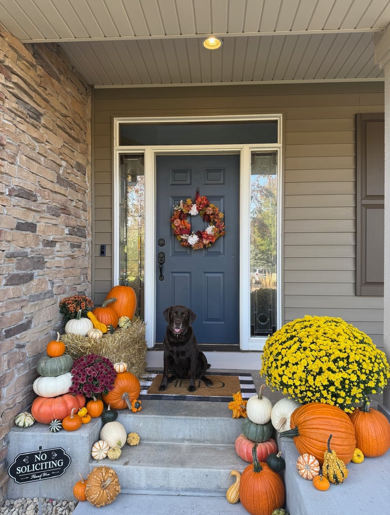 The Grand Entrance porch decor package with pumpkins and mums