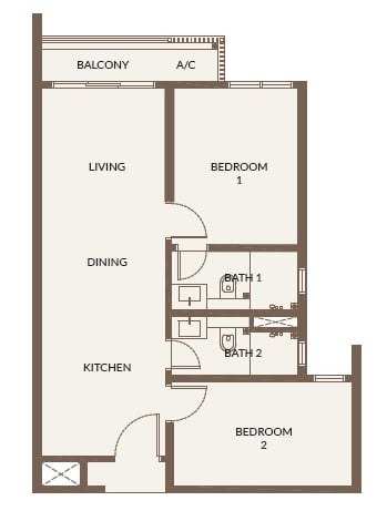 Bukit Chagar Living Type A layout – 1 bedroom, study room, 1 bathroom, 1 balcony