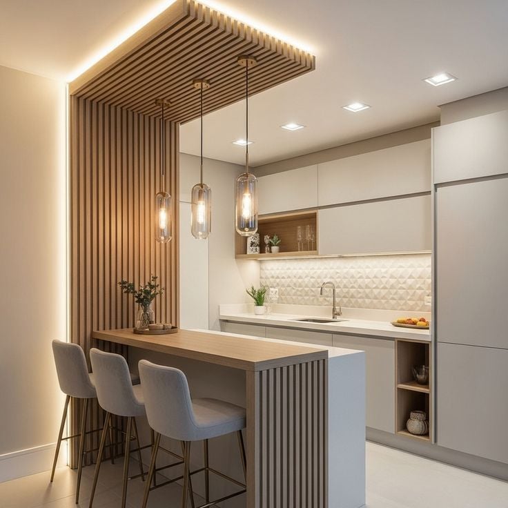a kitchen with a bar stool and a bar stool