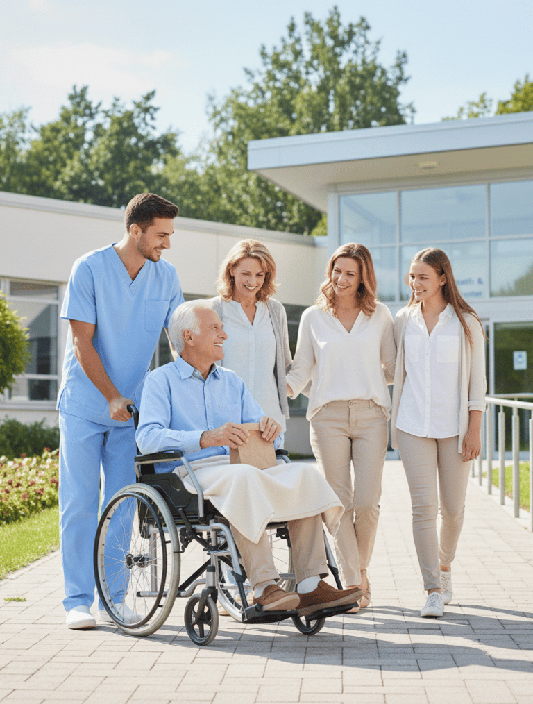 A male nurse pushes a senior man in a wheelchair while visiting family walks alongside at a rehabilitation center.
