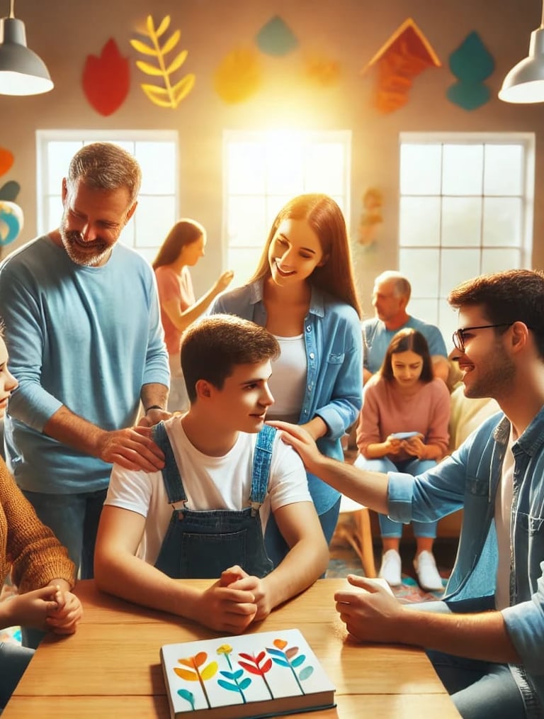 a family gathering in a living room with a birthday cake