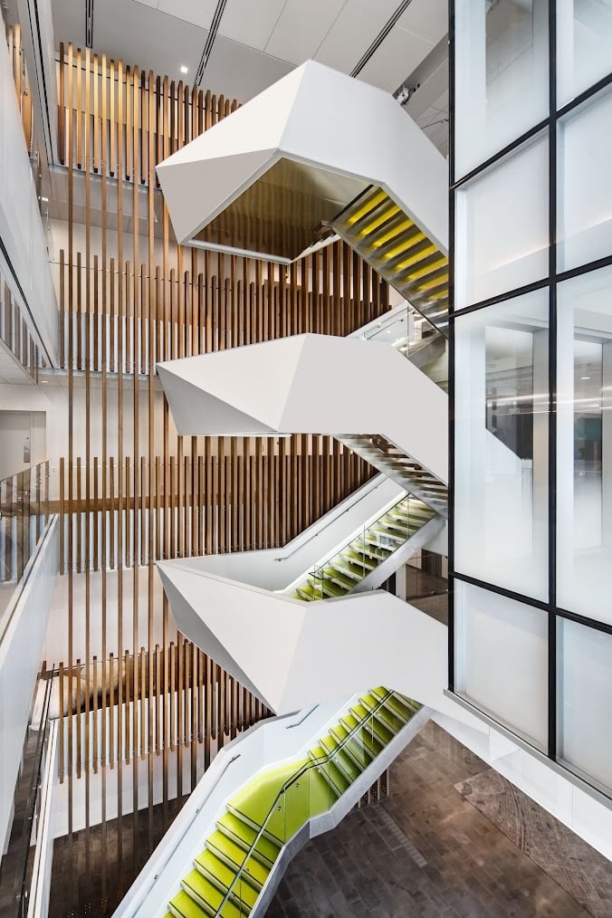 Portrait photo showing the other green modern feature stairs at Deloitte, by Pengelly Iron Works