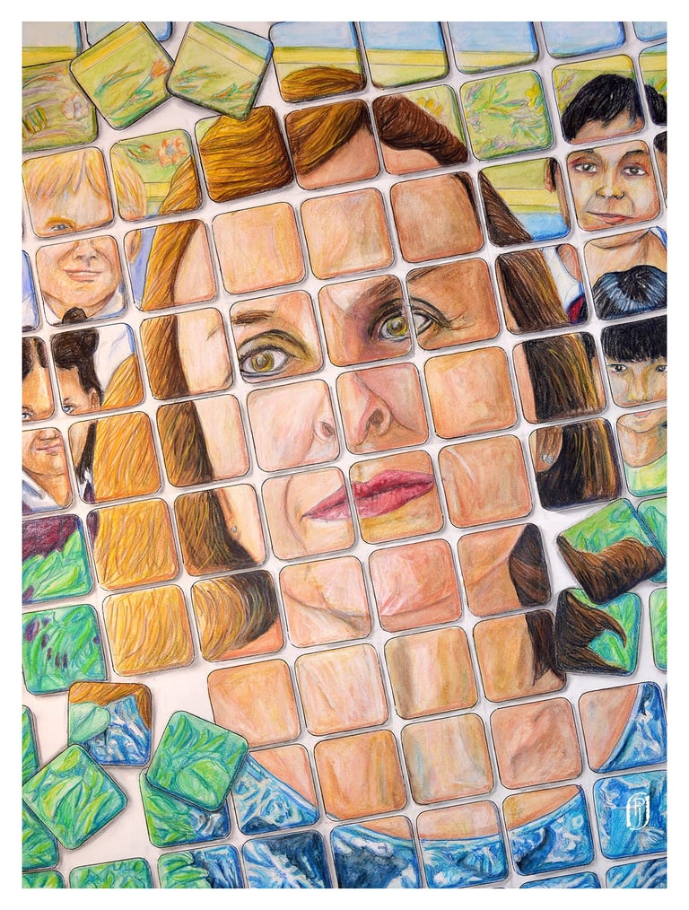 Portrait of teacher and children on tiles illustration