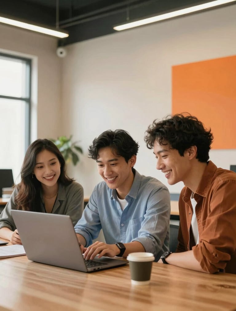 An energetic creative startup team in a North American / US loft office collaborating over a laptop, smiling warmly on a bright afternoon. The decor features warm wood tones, smooth cream walls, and pops of energetic orange.
