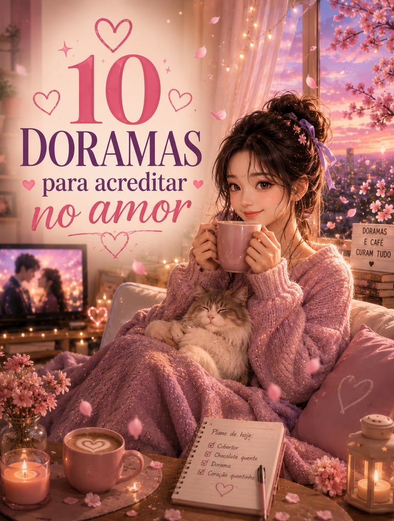 Girl watching romantic K-dramas with her cat, holding a mug of coffee in a cozy pink aesthetic setting.