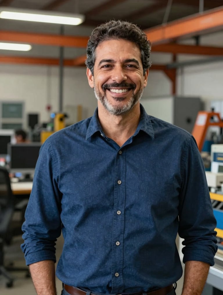 Professional portrait of Professor Leonardo Oliveira, founder of Grupo Impacto Educacional, warm and confident expression, industrial training center background, natural lighting, sharp focus, 35mm