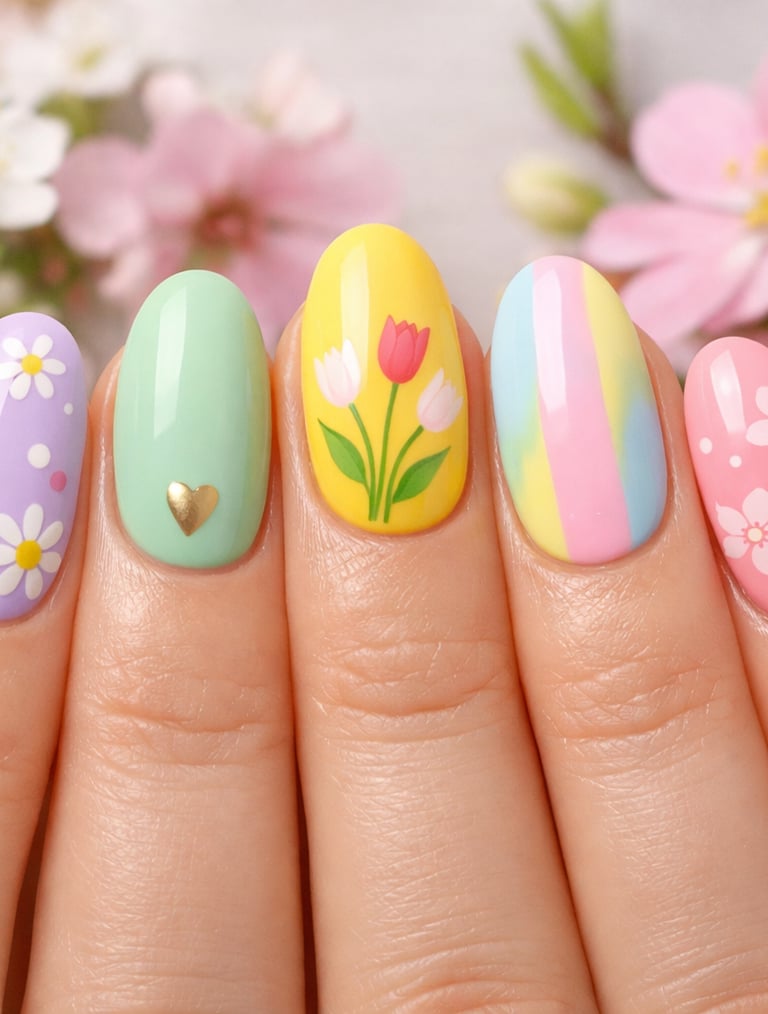 Spring pastel manicure featuring floral nail art, tulips, and daisies on colorful almond shaped nails.