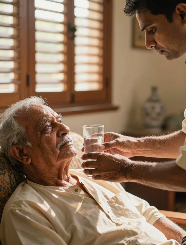 Close-up editorial frame — an Indian male caretaker's hands gently steadying a glass of water for a resting elderly male patient in a sunlit home living room, warm afternoon light streaming through wooden shutters, rich amber and cream tones, blurred home interior background, no text