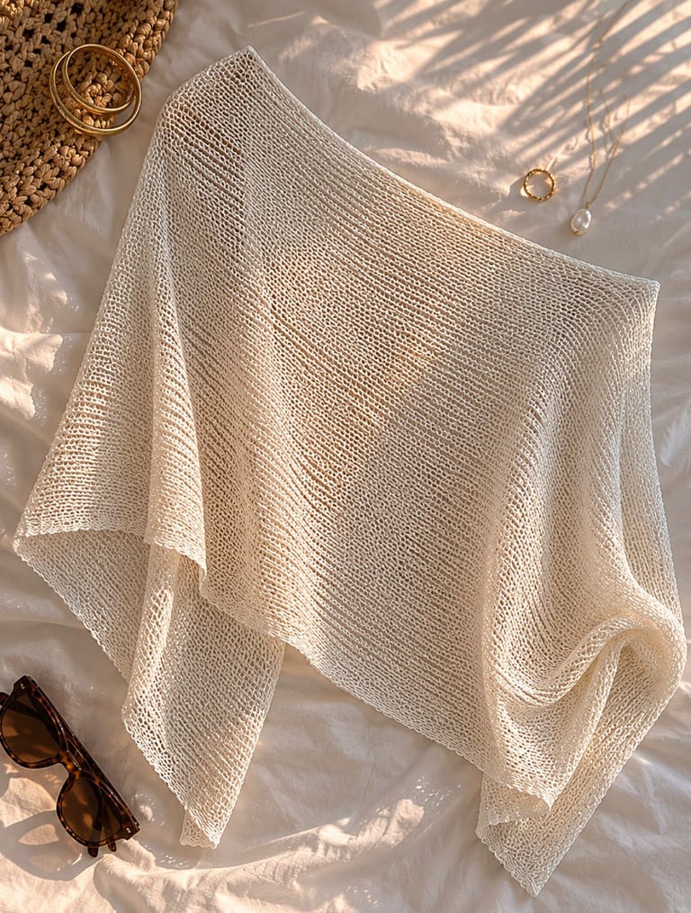 Beige knit cape top cover up styled flat with sunglasses and gold jewelry in warm natural sunlight.