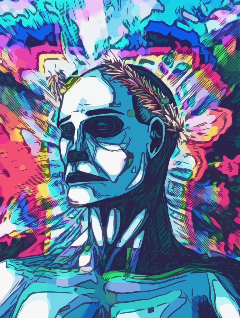 a blue man with a laurel wreath and a colorful backgrounds 