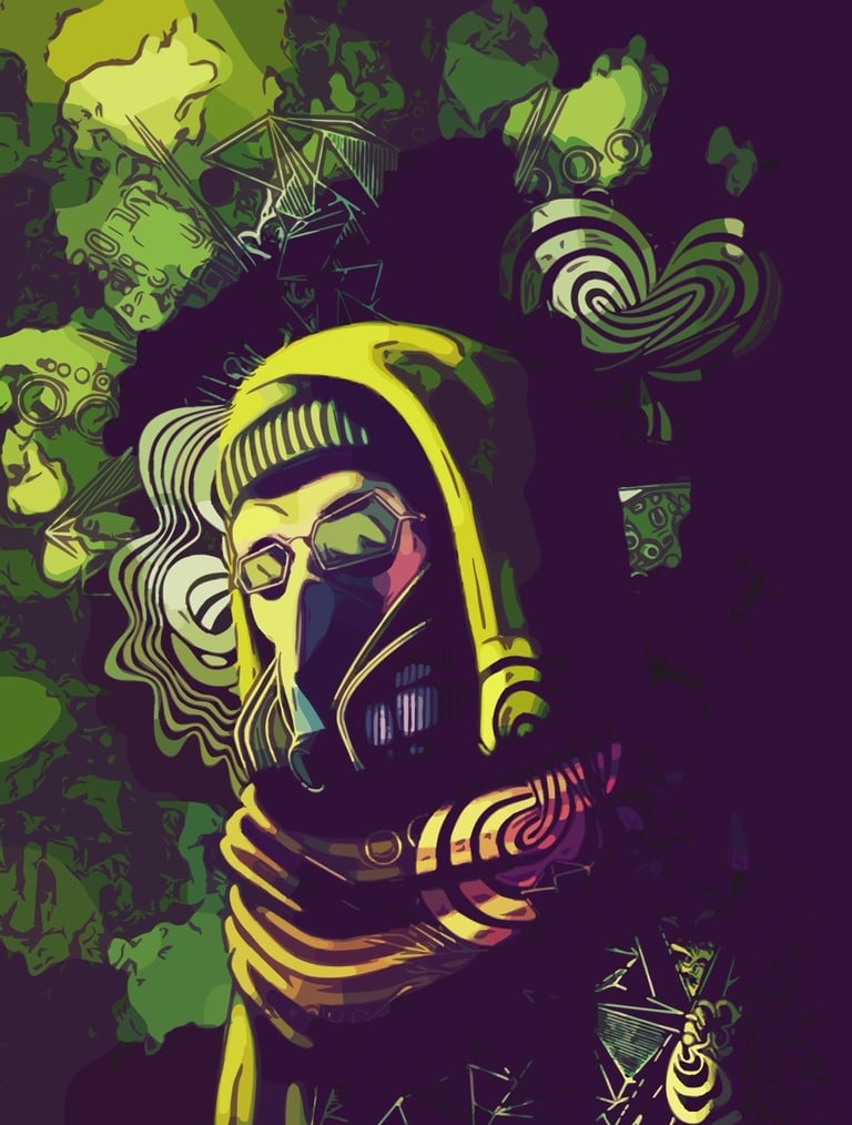a man in a gas mask and a green and graphic style background