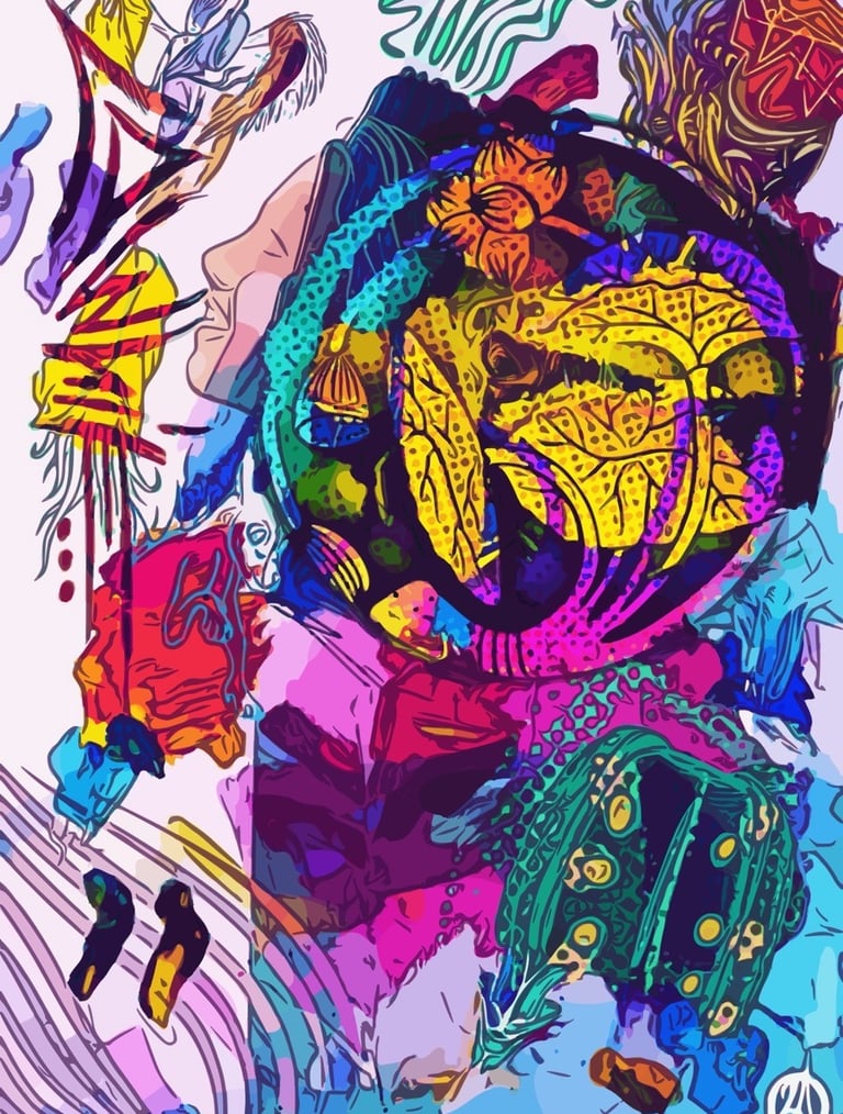 a painting of a woman's face with abstract painting shape