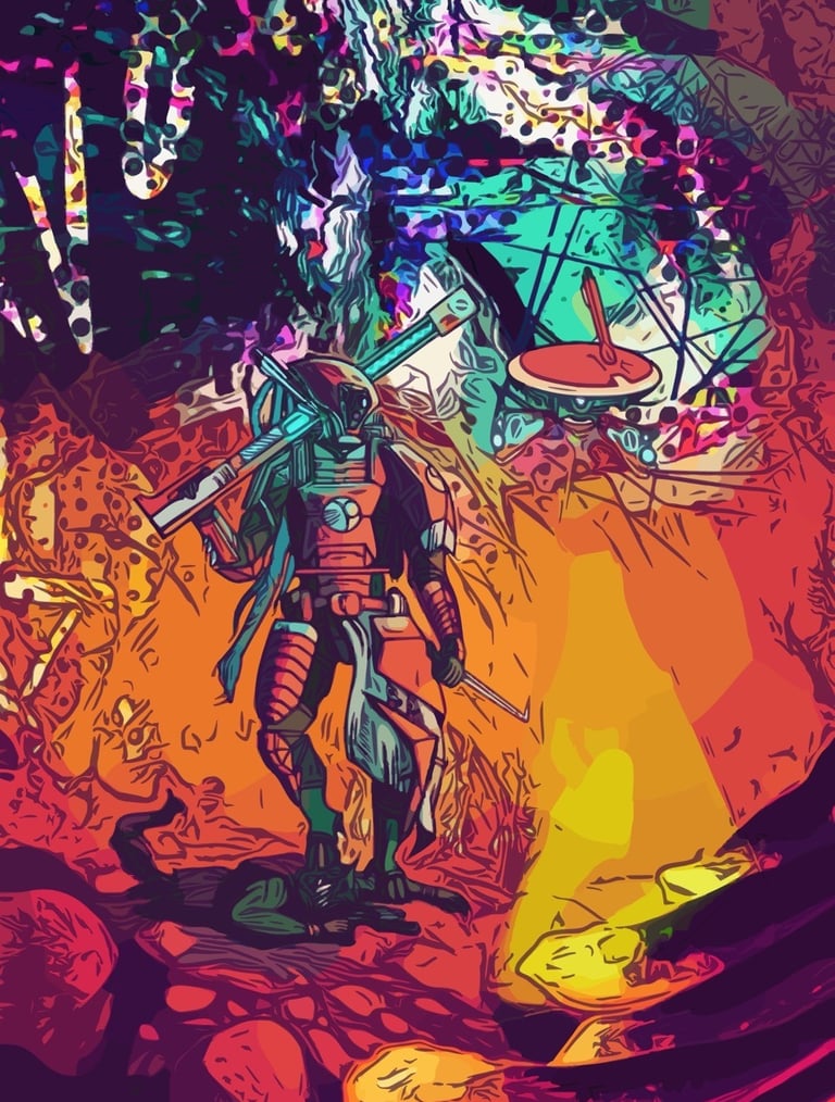 a soldier with a drone in a volcanic environment 