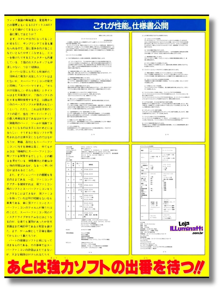 Revista Famicom Hissyoubon Magazine edição de 16/12/1988 com 4 pág especificações console à Imprensa