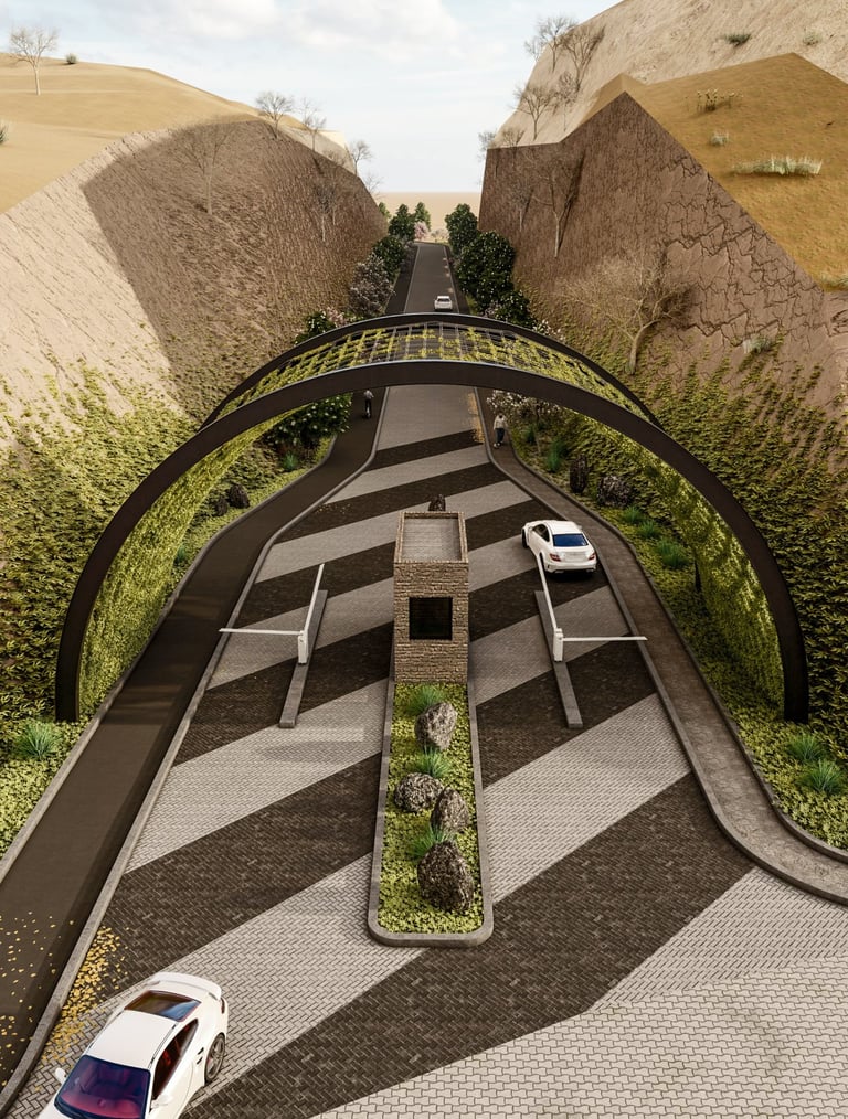 a car driving down a road with a car parked in front of it