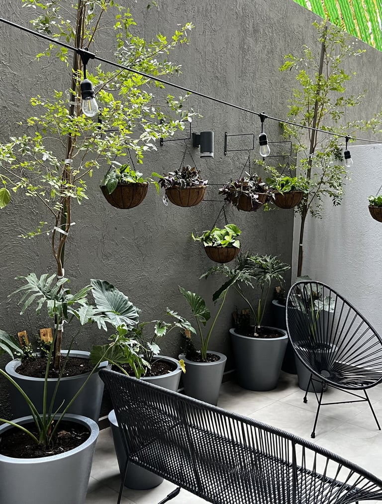 a patio with a lot of potted plants