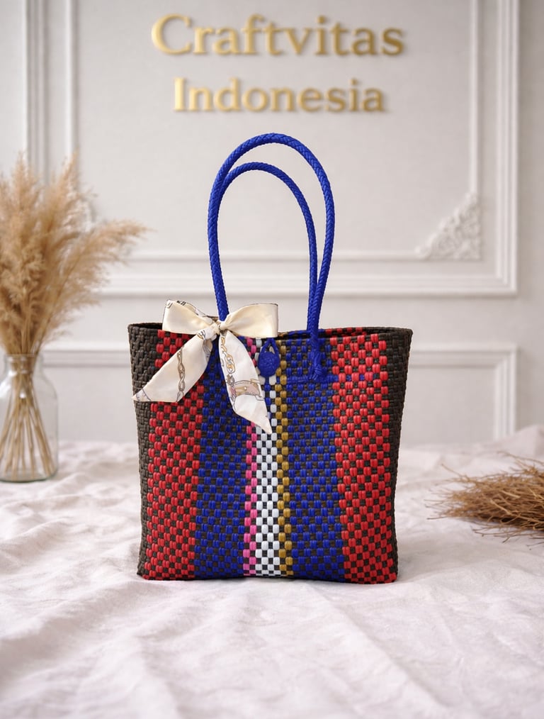 Tas anyaman plastik motif batik hitam biru merah handmade Craftvitas Indonesia