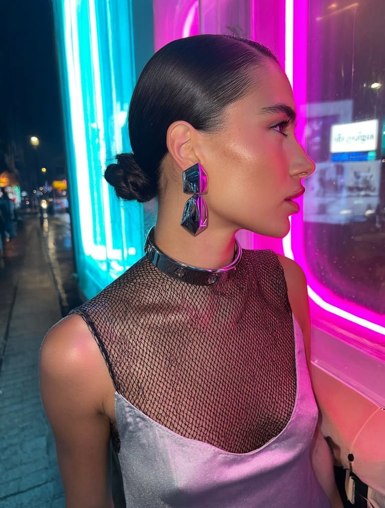 Cyberpunk Halloween style with chrome statement earrings and silver torque choker under neon lights