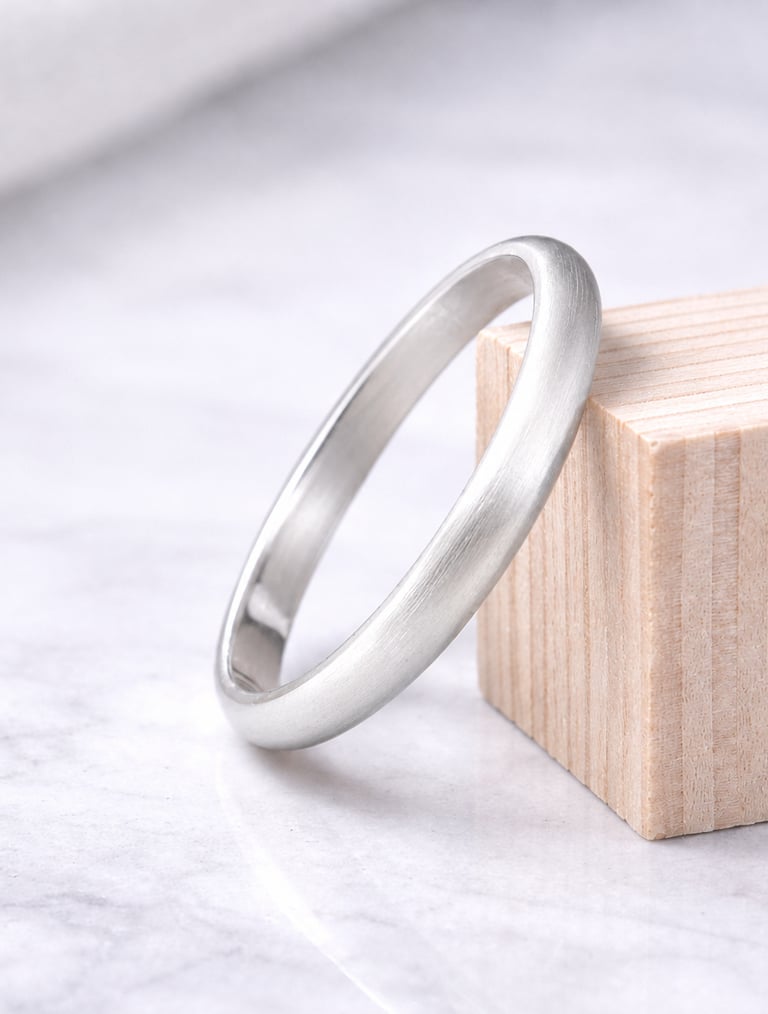 Brushed 999 fine silver wedding band resting on a wooden block over a white marble surface.