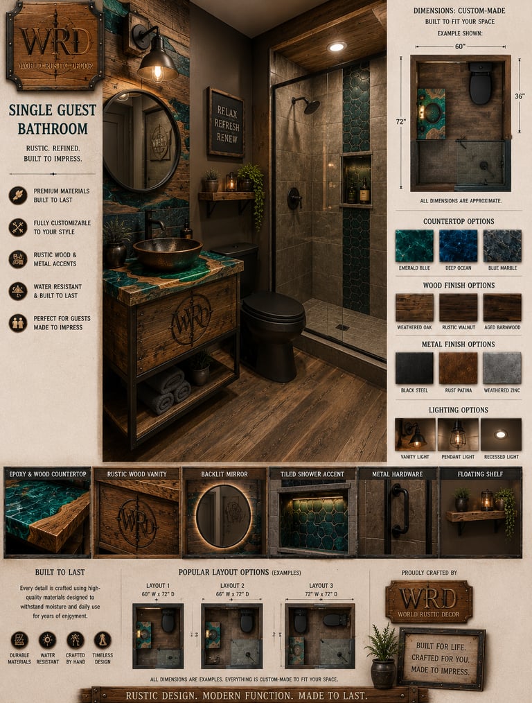 Rustic modern guest bathroom featuring a custom wood vanity with teal epoxy countertop and tiled walk-in shower.