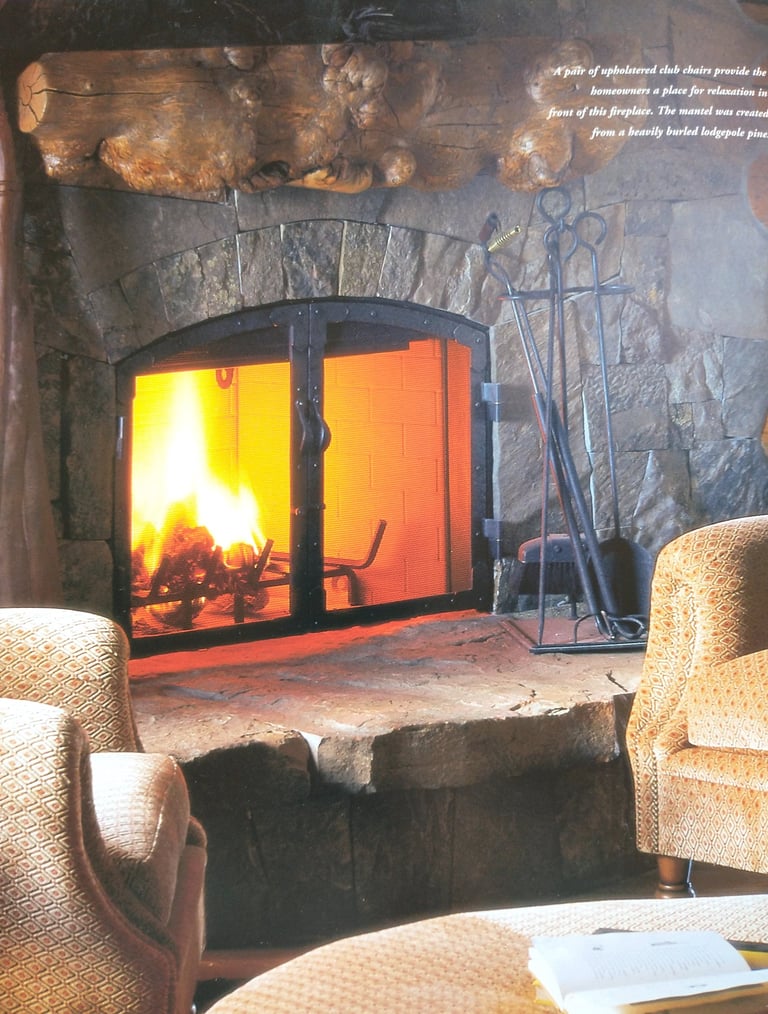 Burl wood mantel in Ralph Kylloe's Cabins & Camps