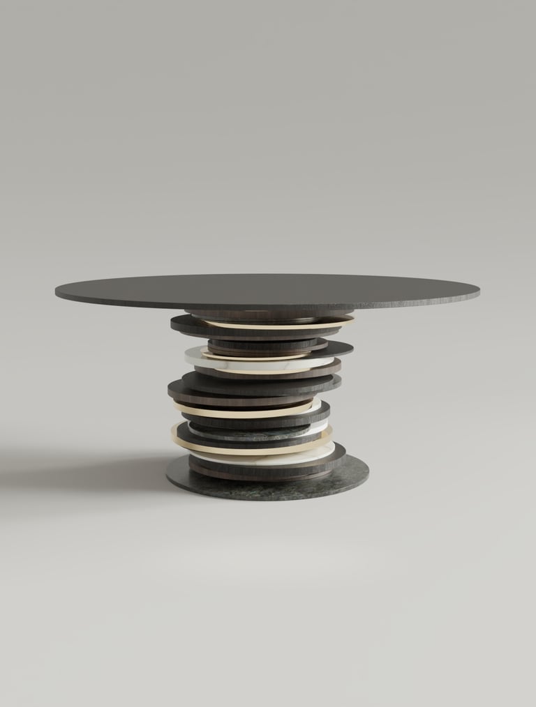 Table ronde Stratum en noyer, labradorite, marbre blanc, moabi et laiton poli.