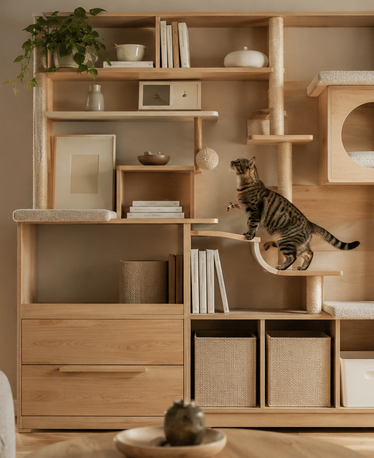 Bookshelf-style cat furniture with storage, sisal posts and a cat climbing in a small apartment.