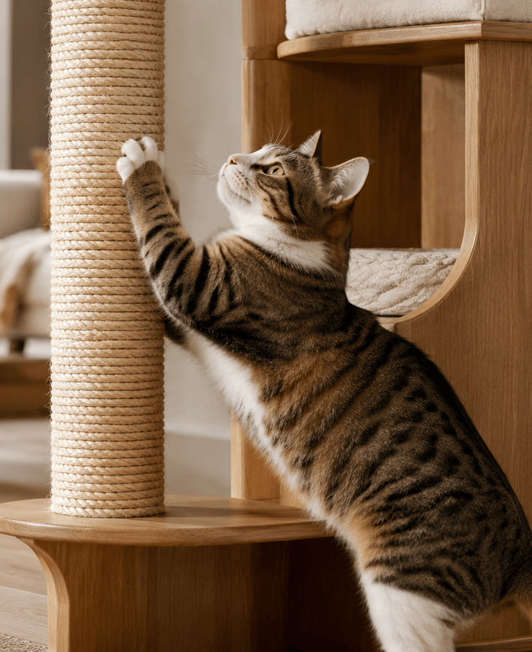 Small living room with a slim wooden cat tree, sisal posts, plants and a cat on the platform.