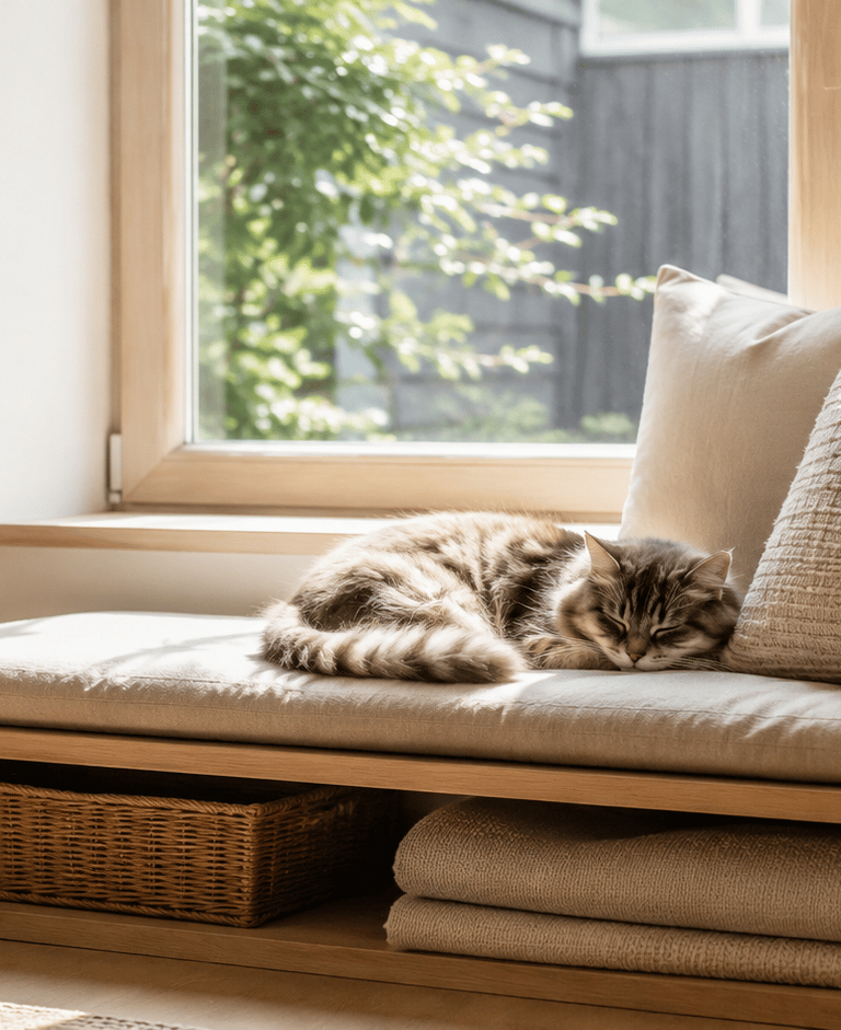 Cat resting on a cushioned window bench with plants, woven storage and warm natural light.