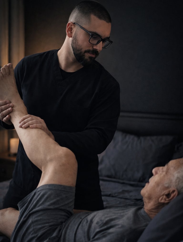fisioterapeuta realizado fisioterapia domiciliar em paciente idoso