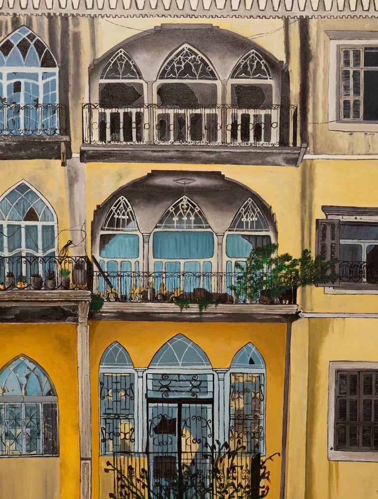 painting of a Lebanese building in Beirut windows and balconies by  Lebanese painter Myriam Kayali