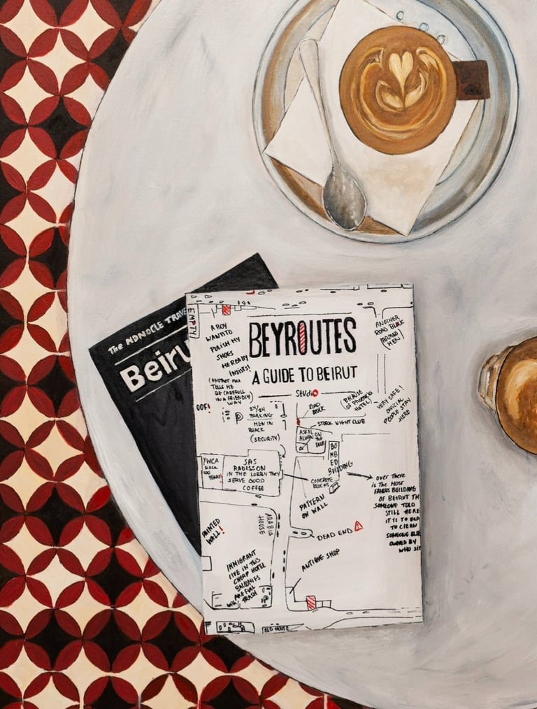painting of a latte and Beirut guide by Ta'ala Artist Lebanese contemporary painter Myriam Kayali