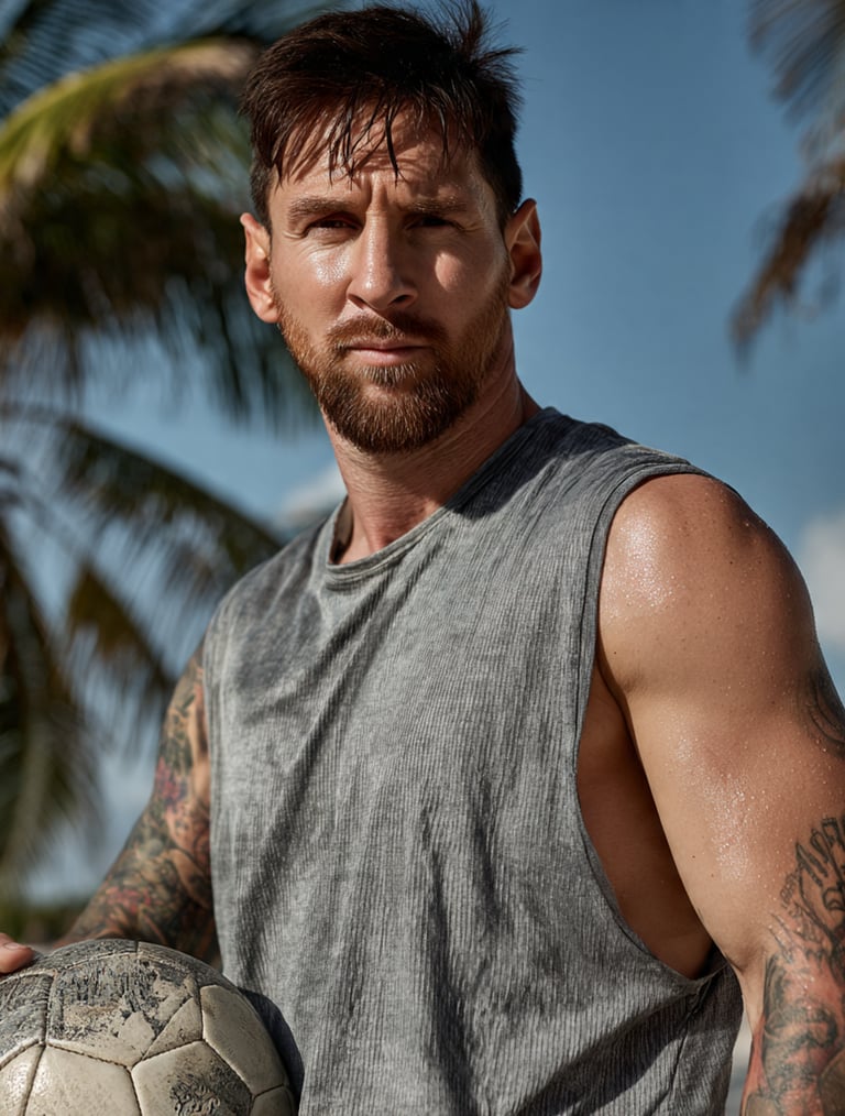 Lionel Messi holding a soccer ball on a tropical beach with palm trees in the background.