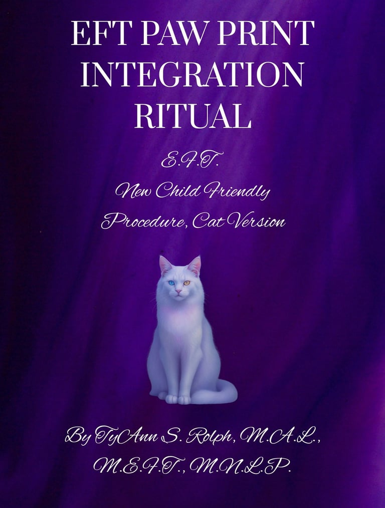 Cover for EFT Paw Print Integration Ritual book featuring a white cat on a purple background.