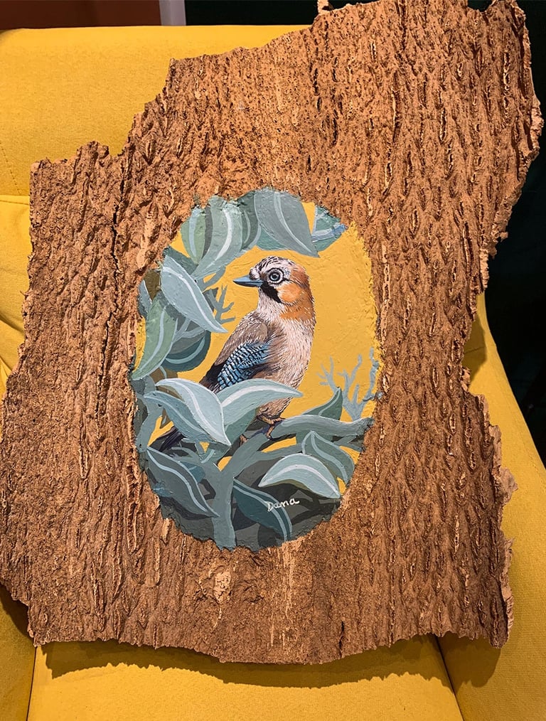 Acrylique sur écorce de liège, oiseau geai des chênes
