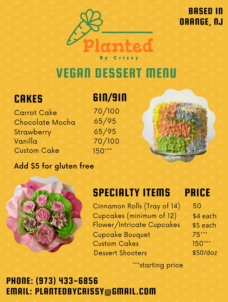 vegan cake and dessert menu