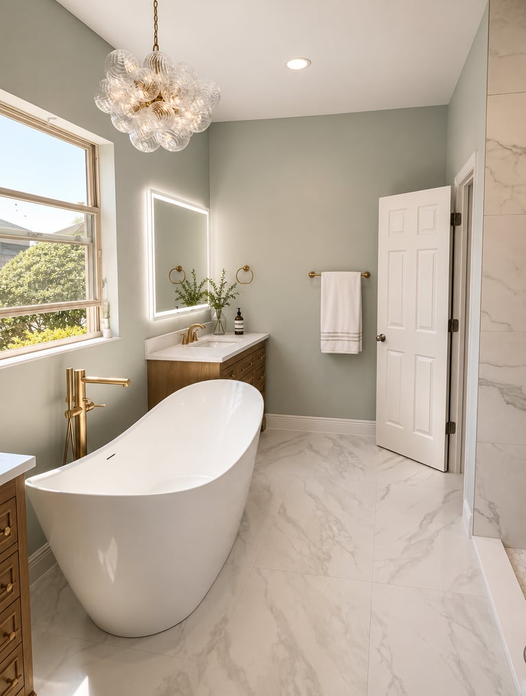 Modern master bathroom featuring a white freestanding soaking tub, marble tile floor, and elegant gold fixtures.