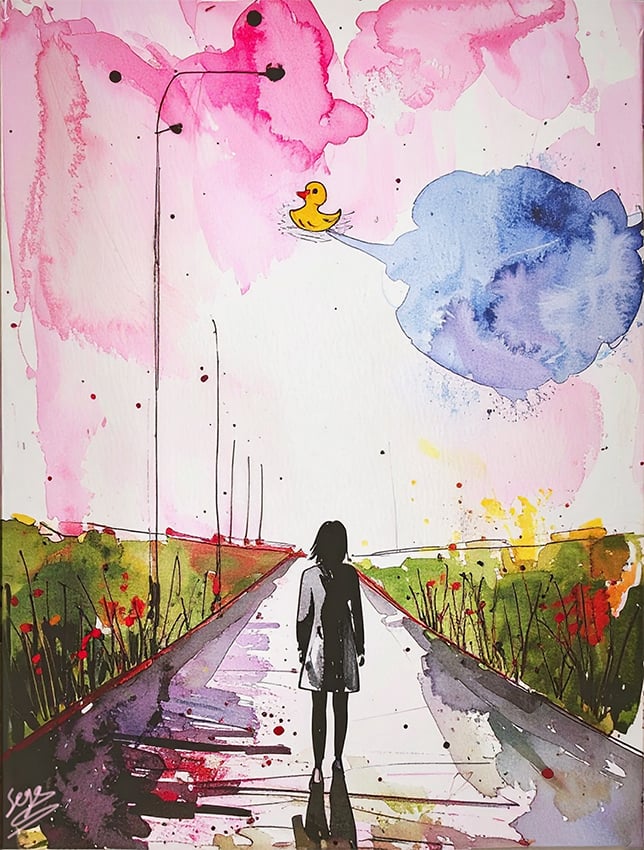 a person walking down a road with a duck flying in the sky