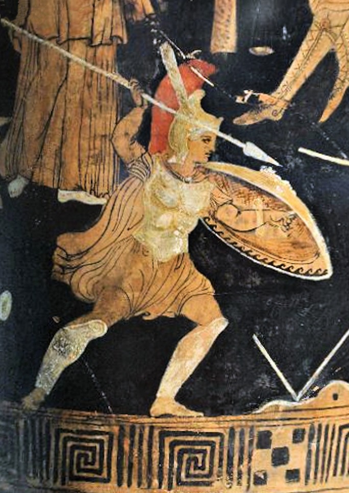 Ancient Greek polychromatic pottery painting (dating to c. 300 BC) of Achilles during the Trojan War