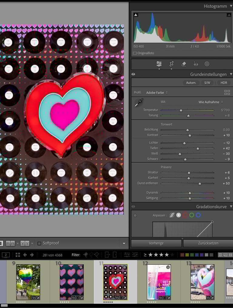 Lightroom-Oberfläche mit Farbverlauf und Histogramm – Beispiel aus dem Grundlagenkurs LrC