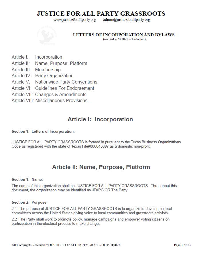 Justice For All Party Grassroots Bylaws Page 1