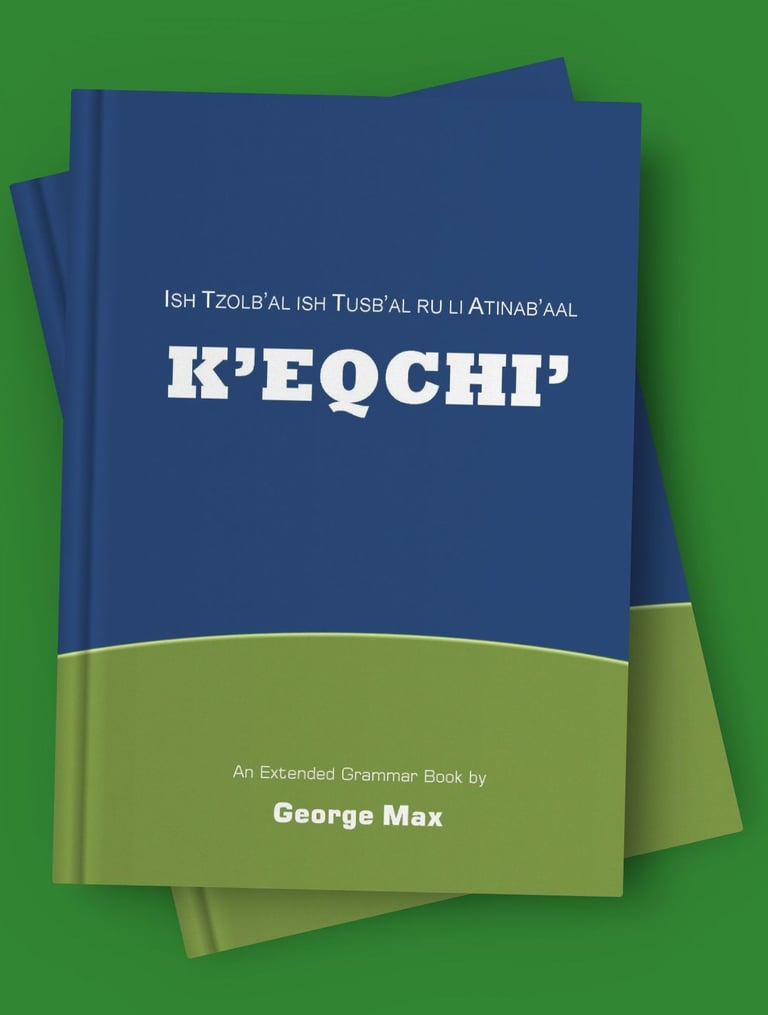 Mock-up of two superposed books with the title K'EQCHI' on the one above