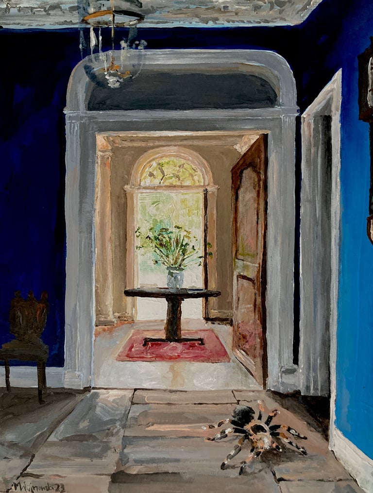 a painting of an interior with a large spider