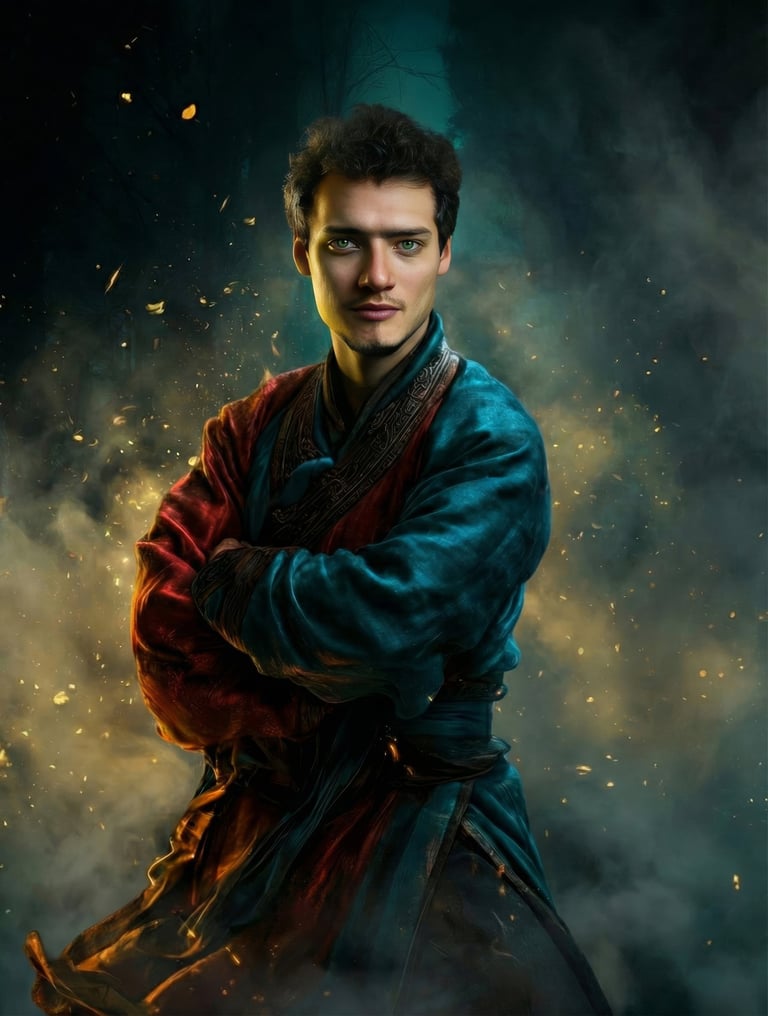 WDP İstanbul Temel Eğitmeni Aybars Düzey. Mavi geleneksel kıyafetli, kolları bağlı ve gülümseyen portre