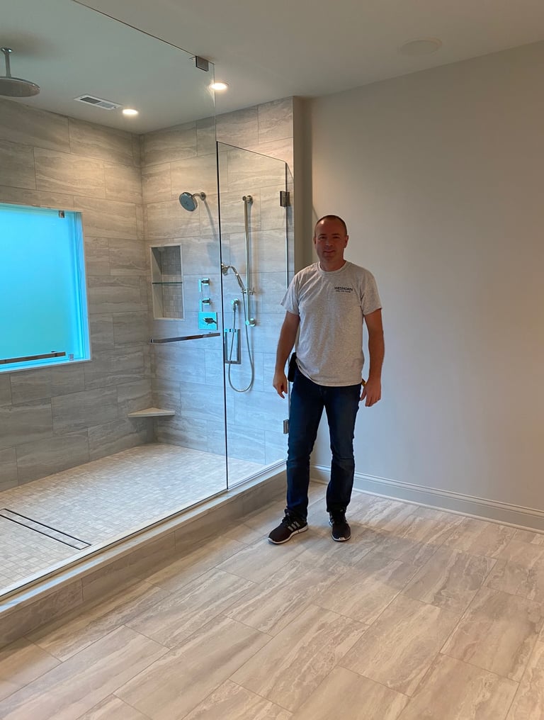 Large master bath featuring 5x14 walk-in shower designed for two