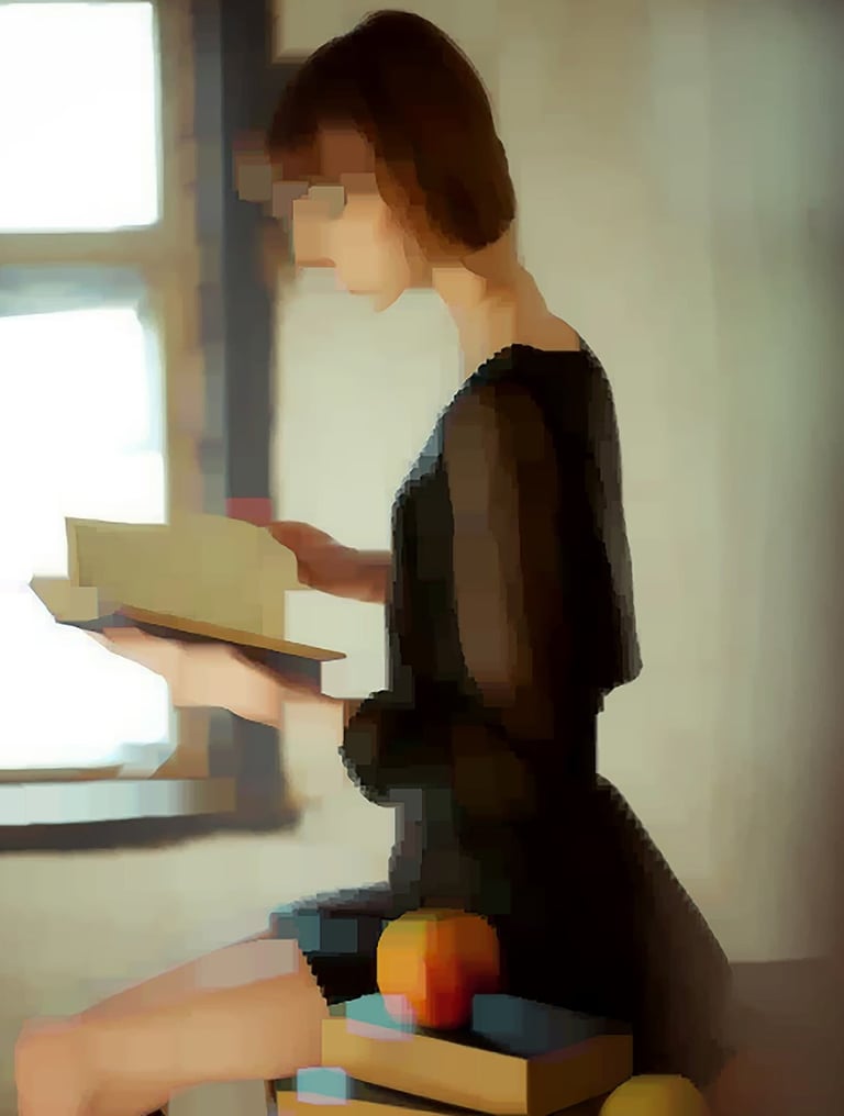 a woman sitting on a chair with a book 