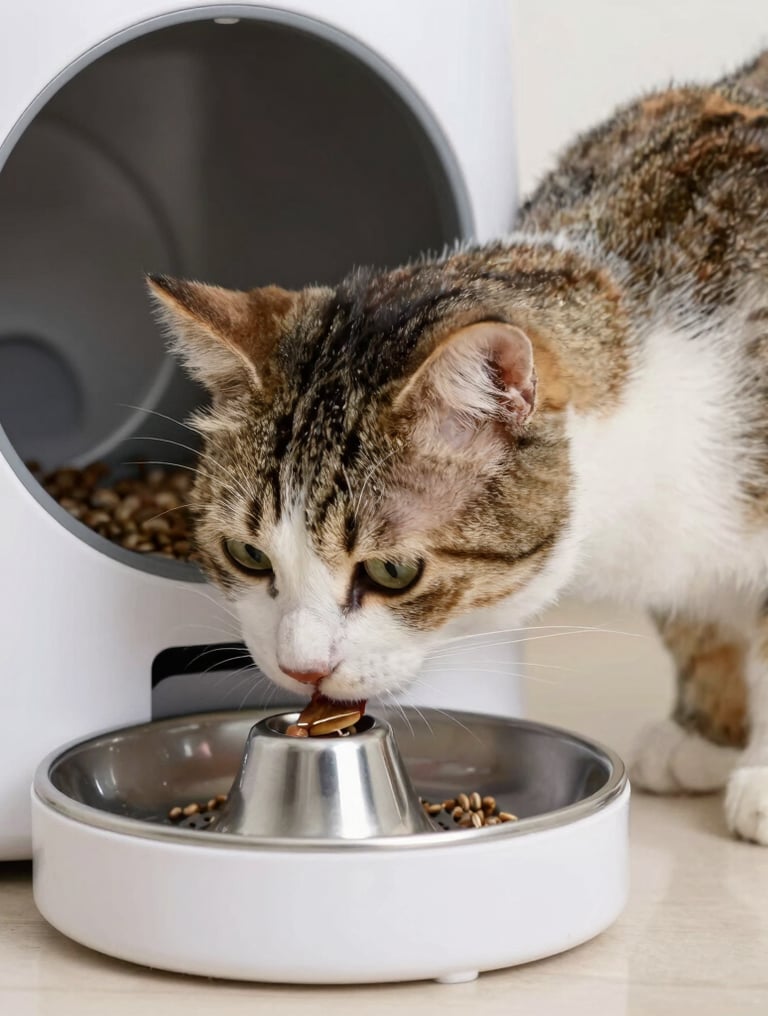 A tabby cat eating dry kibble from a modern white automatic pet feeder with a stainless steel bowl.
