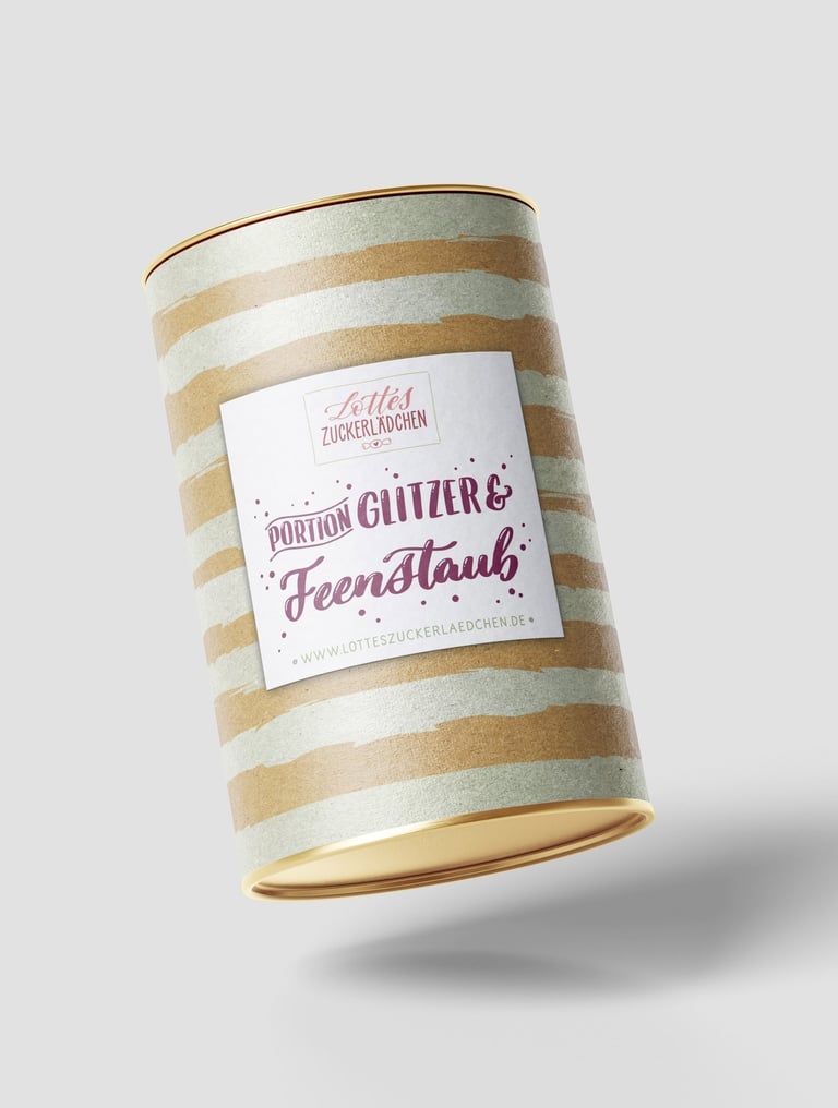Lottes Zuckerlädchen Portion Glitzer & Feenstaub tube with gold stripes for baking decoration.