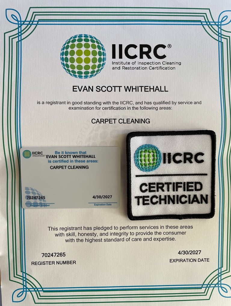 Official IICRC certificate and patch for a certified carpet cleaning technician.